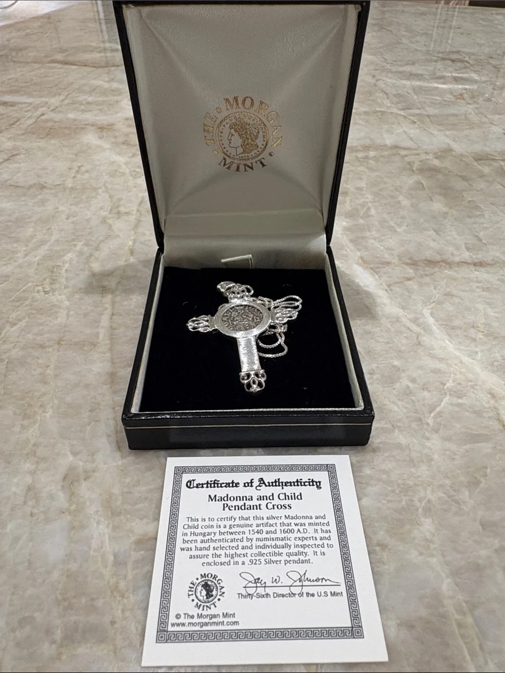 Madonna and child coin/pendant cross by The Morgan Mint - all silver